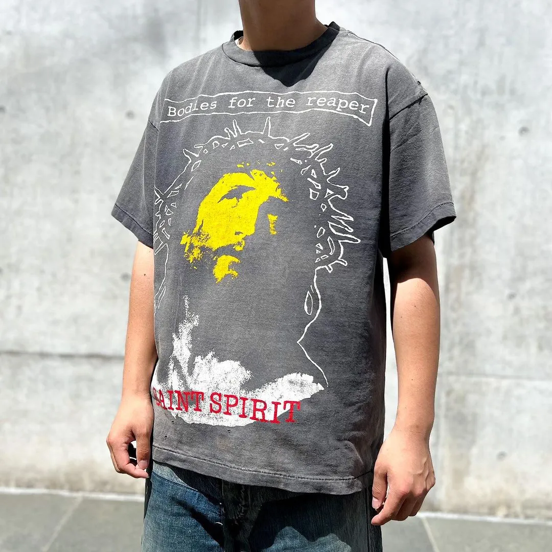 SAINT MICHAEL SS TEE/B FOR REAPER Jesus Hell's Angels Washed and Distressed Short Sleeves Washed Black S-XL Garment Dyed Printed Washed and Distressed